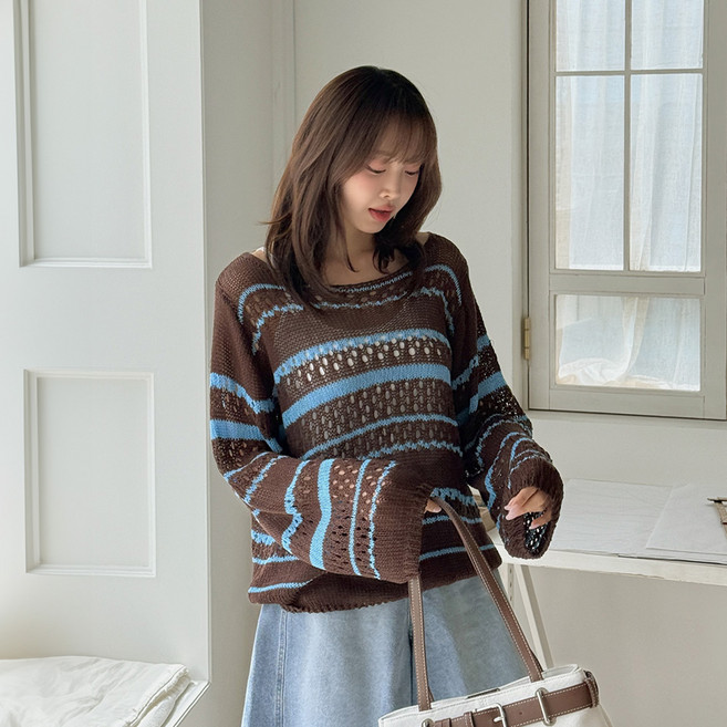 이블렛 여성용 빅사이즈 티모뉴 스카시 스트라이프 니트