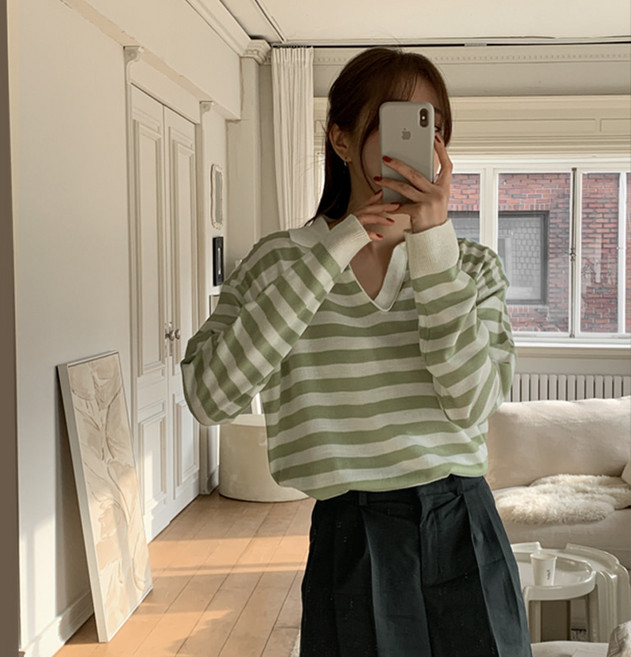 로렌하이 여성용 카밍 스트라이프 오픈 카라 니트