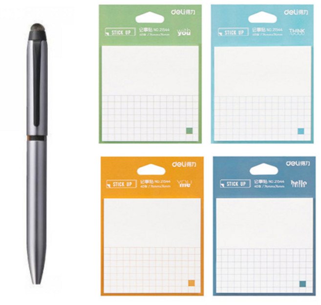 미쯔비시 제트스트림 태블릿 터치펜 듀얼 3색 멀티펜 0.5mm + 델리 반모눈 접착 메모지 4p 21544, 실버(멀티펜), 랜덤발송(메모지), 1세트