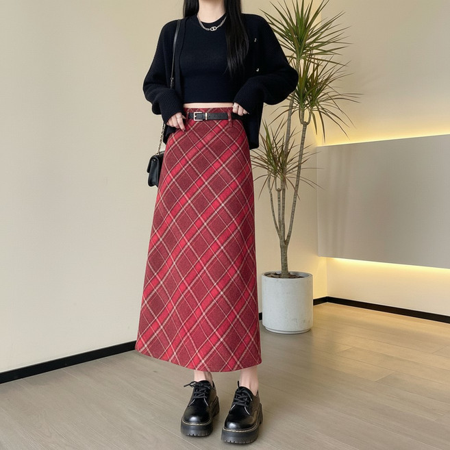 언헤브 여성용 빈티지 체크 롱스커트