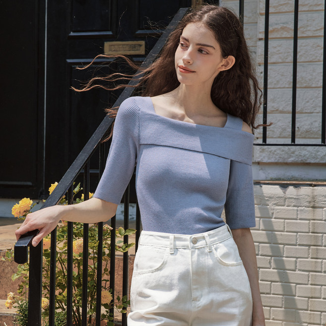 제로스트릿 여성용 반팔 솔리드 오프숄더 스웨터