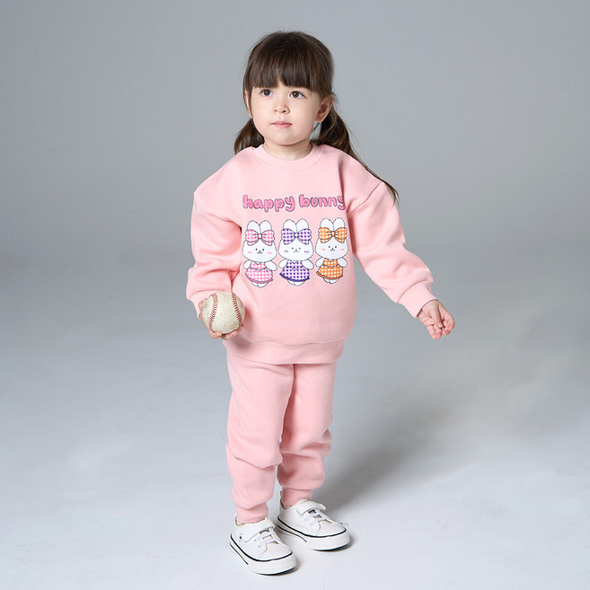 KIDSCOMO 女童款格紋兔刷毛長袖長褲套裝