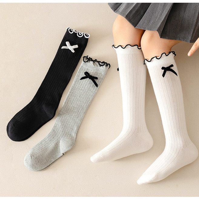 IBboom 女童時尚蝴蝶結荷葉邊及膝襪3雙組 J08