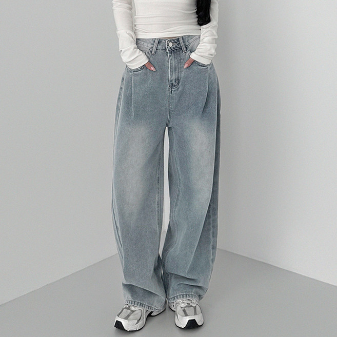 유라잇 여성용 기본/롱 유핏 3탄 프론트 핀턱 벌룬핏 와이드 데님팬츠 322234