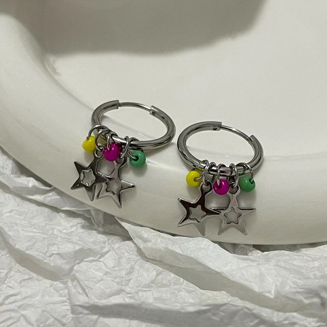 젤루나 여성용 써지컬 납작 별 스타 컬러 비즈 원터치 링 귀걸이 P-513