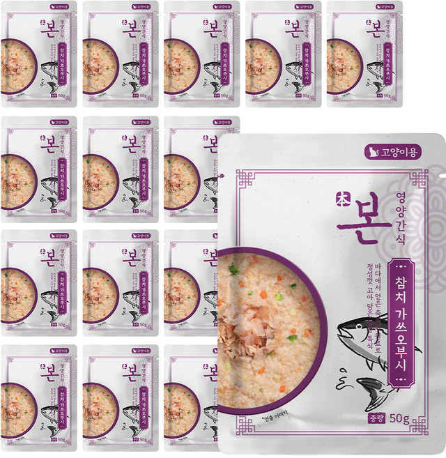 본 고양이 영양간식 죽, 혼합맛(참치/가쓰오부시), 50g, 15개