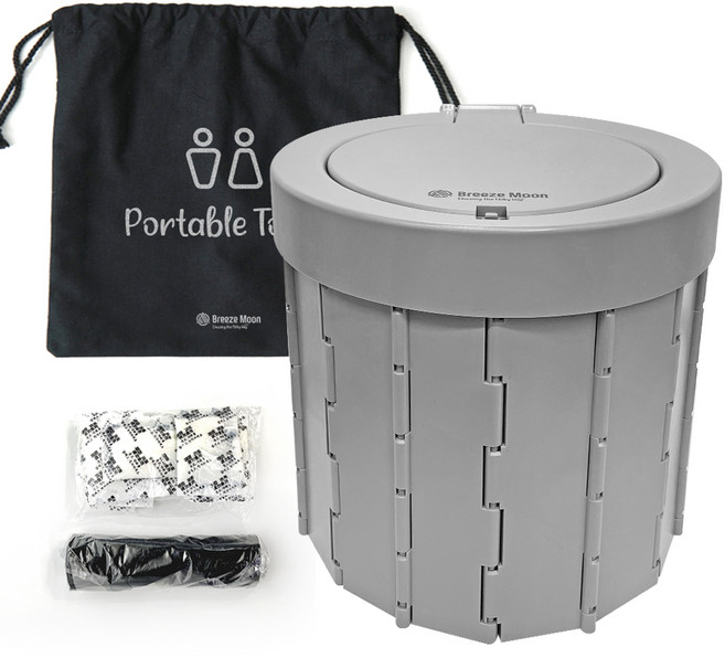 Breeze Moon 移動式露營馬桶 附蓋款 + 凝固劑 12個 + 塑膠袋 12個 + 收納袋, 灰色, 1個