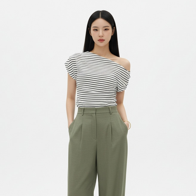 MARKETPIA 女款不對稱條紋短袖T恤
