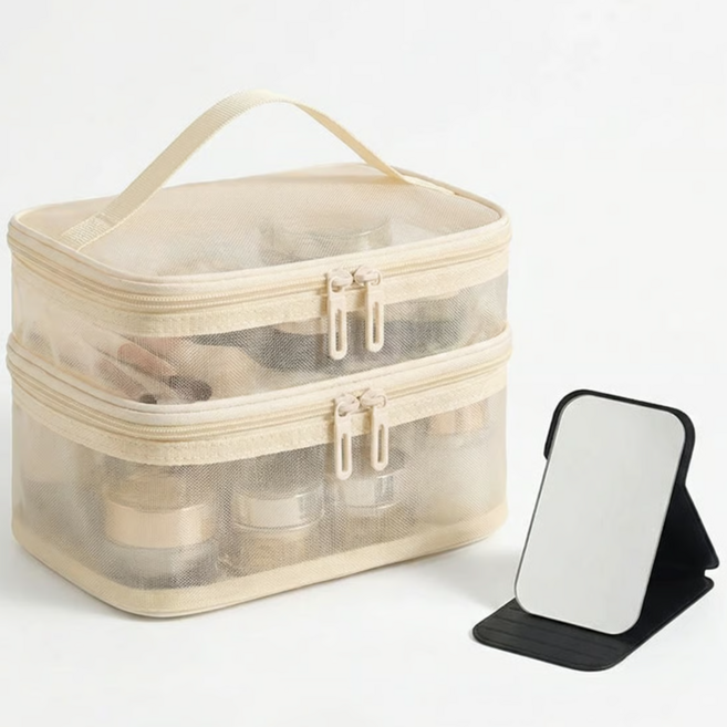 벨리안 휴대용 메쉬 2단 화장품 파우치 + 손거울 세트