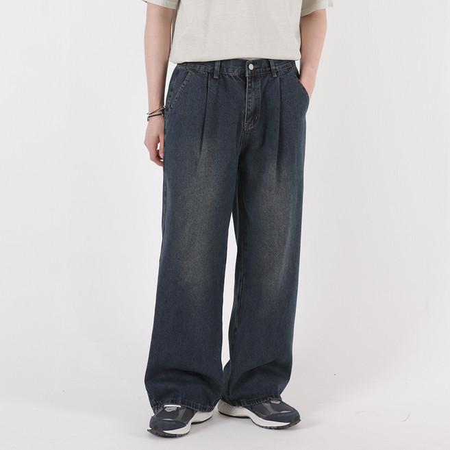 음 남성용 원턱 포인트 와이드 반밴드 밴딩 빅 주름 워싱 데님 팬츠