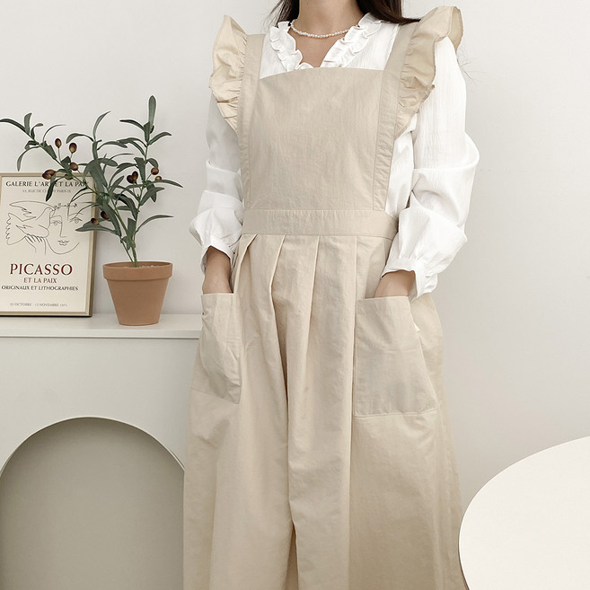 한스데이 프릴 방수 단아한 원피스 앞치마, 연베이지, 1개