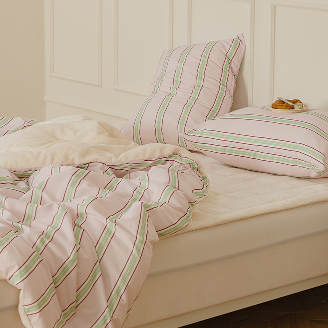 韓國 amante 鬆餅靜音長毛超細纖維鋪棉被, 條紋粉紅色