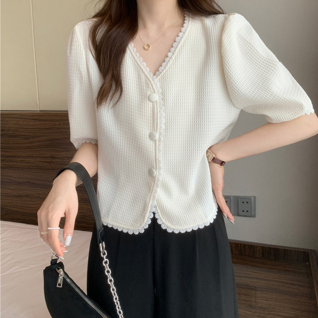 더시럽 여성용 레이스 퍼프소매 반팔 가디건