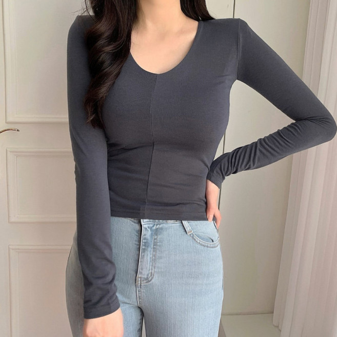 라라온 여성용 어깨 패드 브이넥 스판 긴팔 티셔츠 26TSP3664