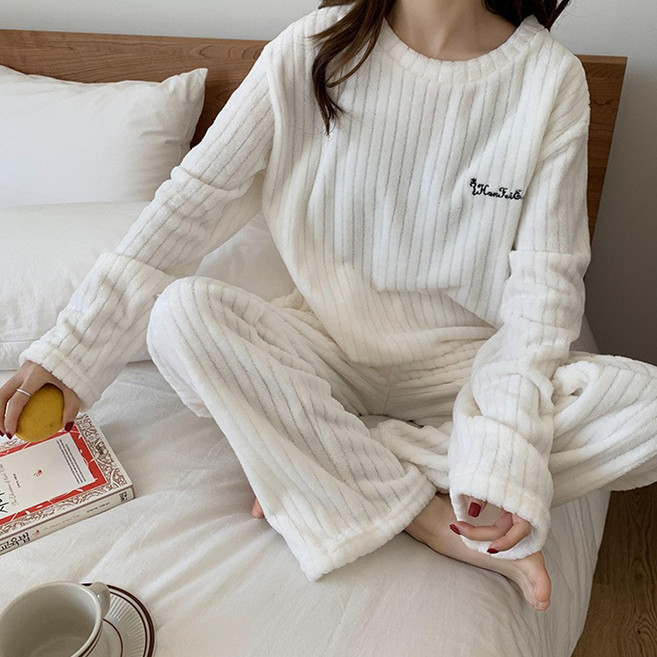 Elsso 女款寬羅紋刷毛字母印花睡眠睡衣上下套裝