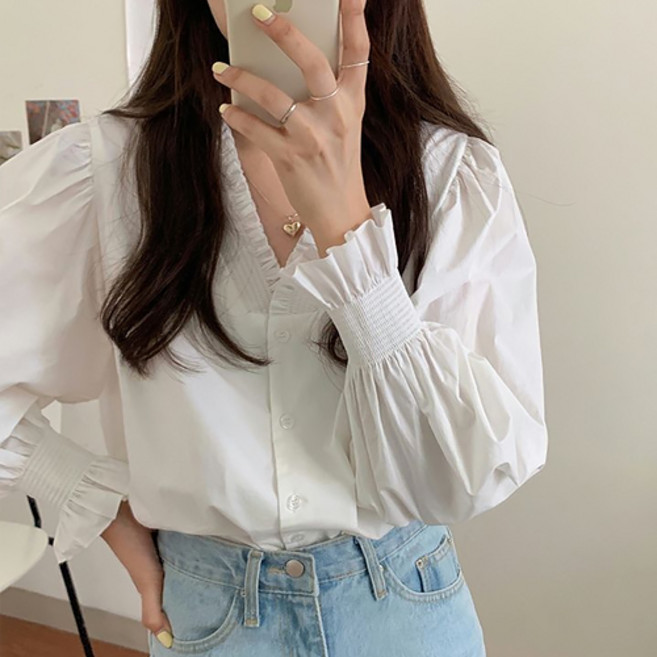 파라다이소 여성용 V넥 러블리 프렌치 스타일 스프링 블라우스