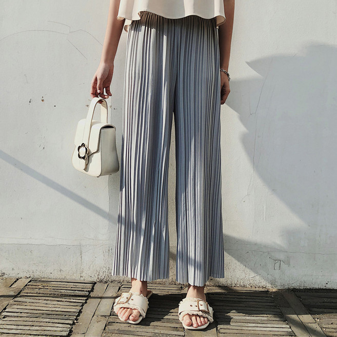 엘쏘 여성용 쿨링 주름 플리츠 하이웨스트 밴딩 와이드 팬츠