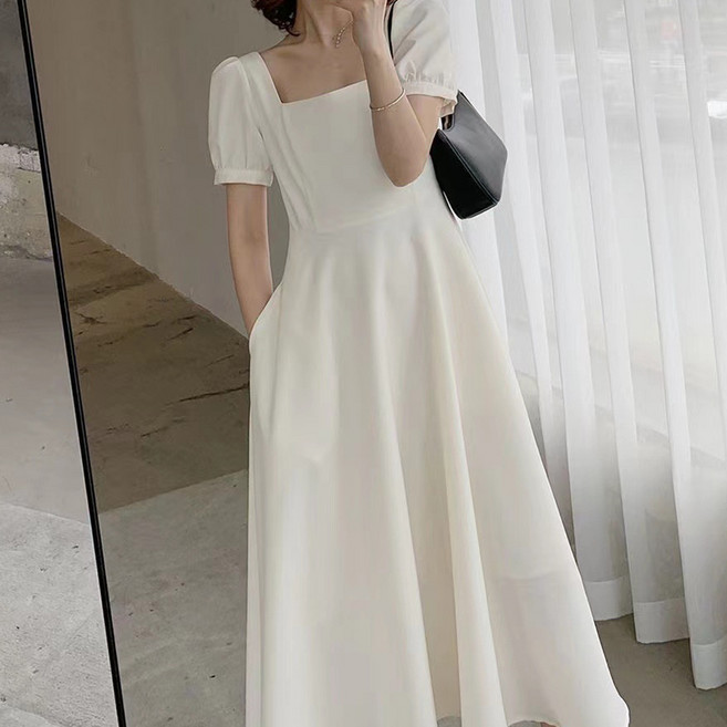 Elsso 方領赫本風長版洋裝, 白色