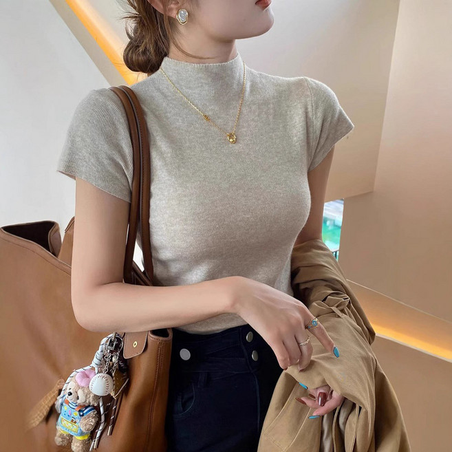 데이소이 여성용 반칼라 반팔 터틀넥 니트