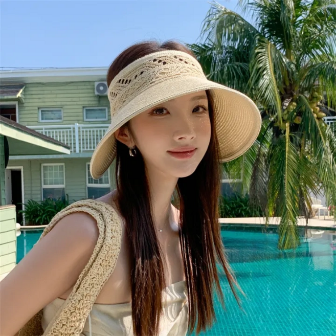 디멜디 여성용 트임 레이스 챙넓은 라피아 썬캡