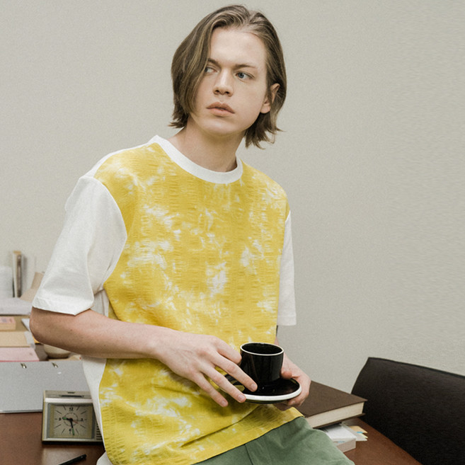 커스텀어스 남성용 우븐프린트 배색 라운드 반팔 티셔츠 CXS24MKRT503