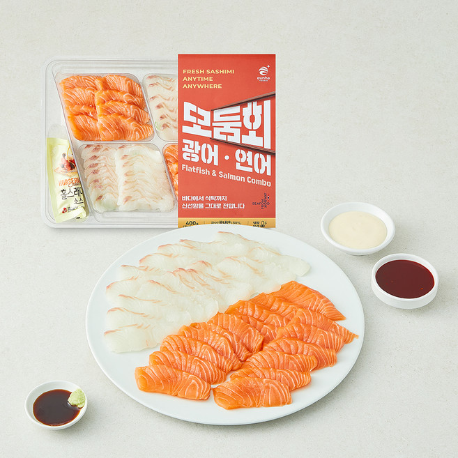 은하수산 모둠회 광어 연어 400g + 청귤초장 30g + 홀스래디쉬 40g + 간장 4g x 2개입 + 와사비 3g x 2개입 세트 (냉장), 1세트
