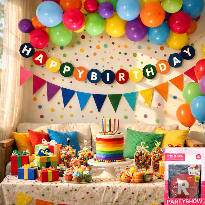 파티쇼 펠트 생일 파티 원형 레인보우 가랜드 세트 삼각, 12색레인보우, 1세트
