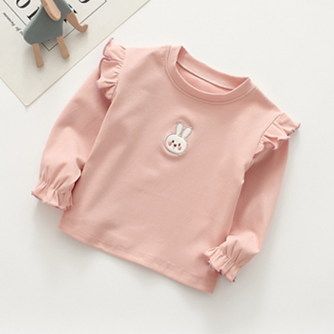 JOYMULTI 女童荷葉邊袖刺繡兔子長袖T恤