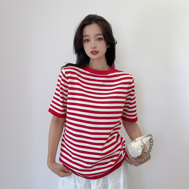 더시럽 여성용 아이스 스트라이프 반팔 니트티