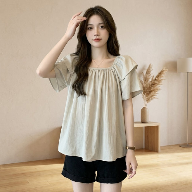 인피어스 여성용 플러스사이즈 스퀘어넥 커버 블라우스 I263-0190