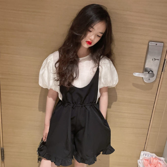 오렌지다몸 여아용 퍼프 반팔티 멜빵프릴 숏팬츠 세트