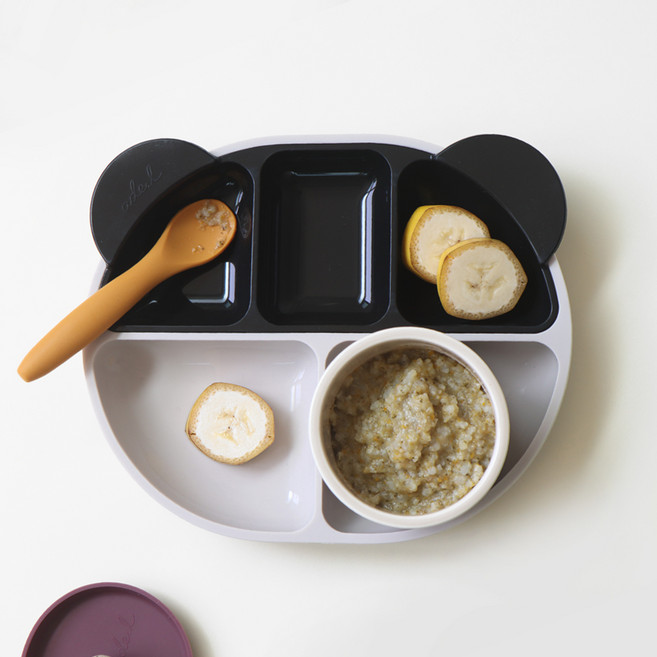 에이드엘 롤리 실리콘 유아식판세트, 베이지 + 블랙, 식판 + 세칸 나눔 접시