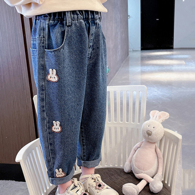 JOYMULTI 女童兔子刺繡鬆緊帶牛仔褲
