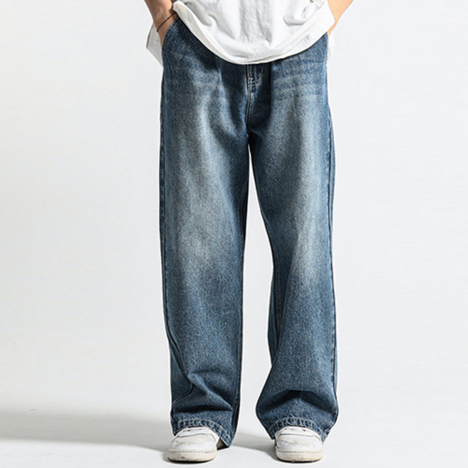 크램프 빅사이즈클럽 남성용 원턱 밴딩 와이드 데님 팬츠