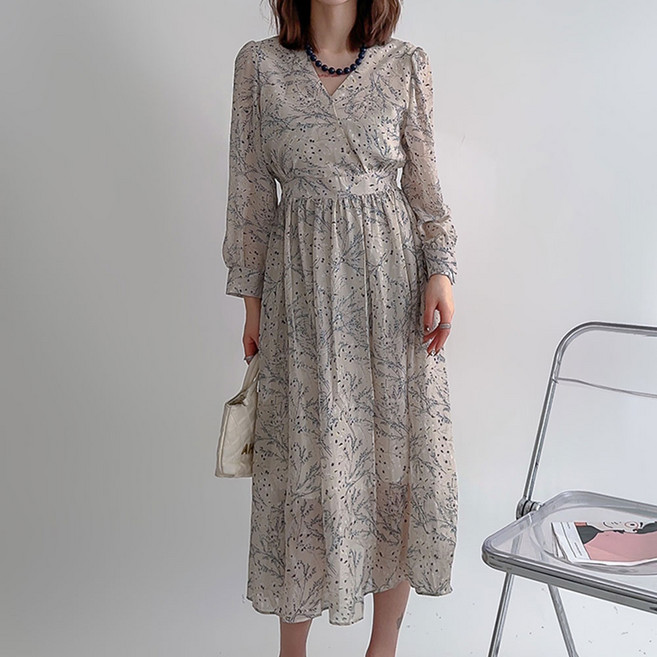 더시럽 여성용 쉬폰 슬리밍 핀턱라인 원피스