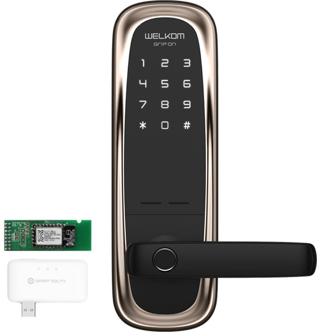 솔리티 웰콤 그립온 손잡이 있음 도어락 WM-650B + 블루투스 + 스마트 브릿지 세트