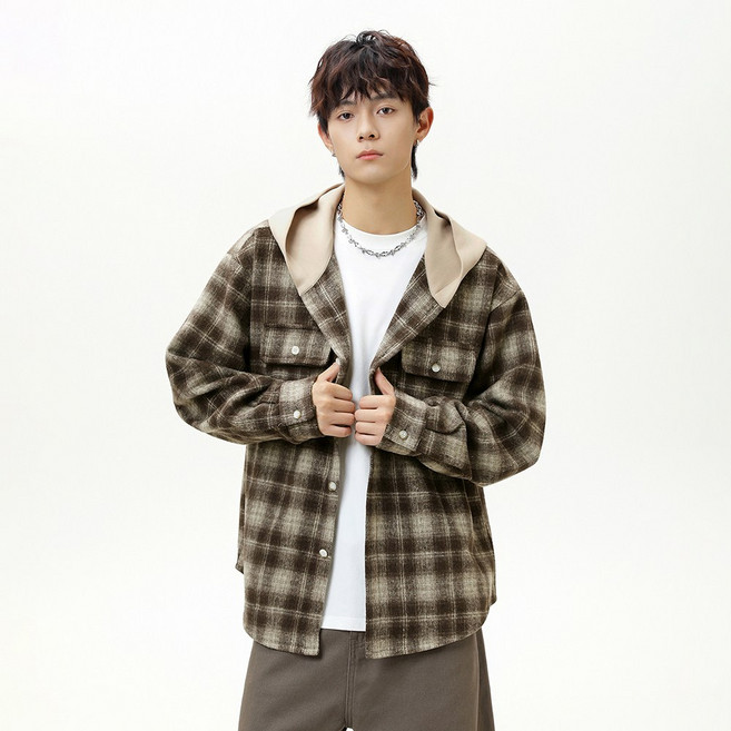 벨로시티 남여공용 울혼방 더블포켓 체크 기모 후드 셔츠