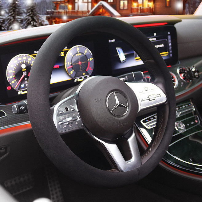 지엠지모터스 자동차 핸들커버 겨울 원형 극세사 따뜻한 리지널, 블랙