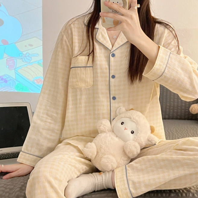 Eolipeul 女款格紋翻領長袖睡衣上下套裝