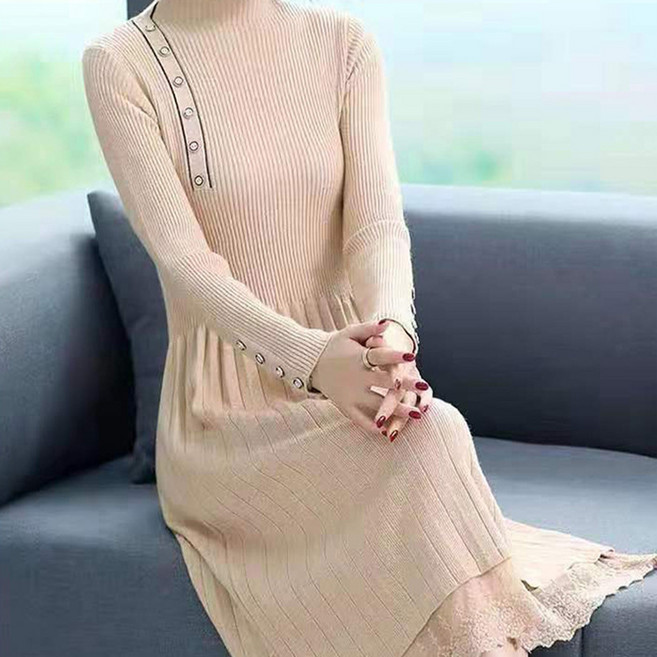 女款鈕釦設計壓褶連身裙, 象牙白