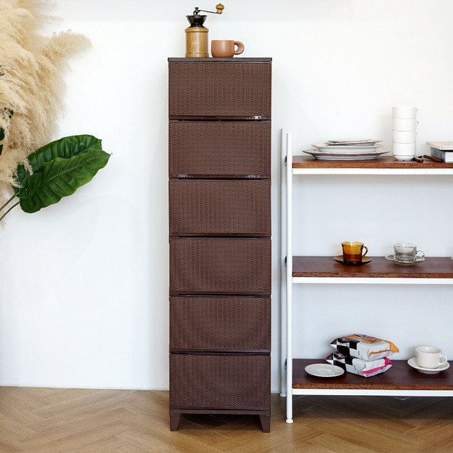 보노하우스 에버 라탄 우드상판 서랍장 일반형, 브라운, 6단