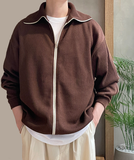 하이넥 골지 니트 집업 T2943