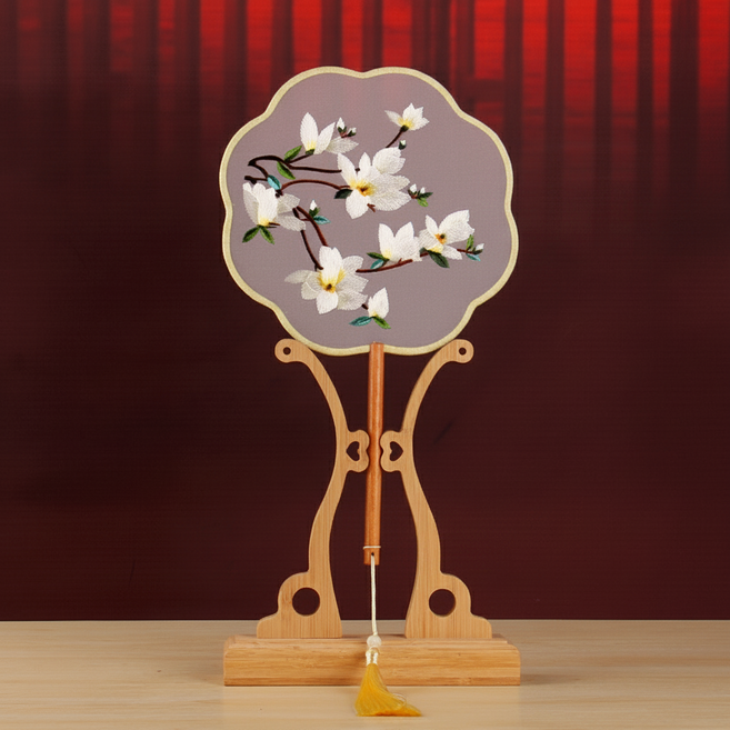 마켓피아 인테리어 장식 자수 그림 부채, 양면 여덟 꽃잎 치자나무 꽃, 1개