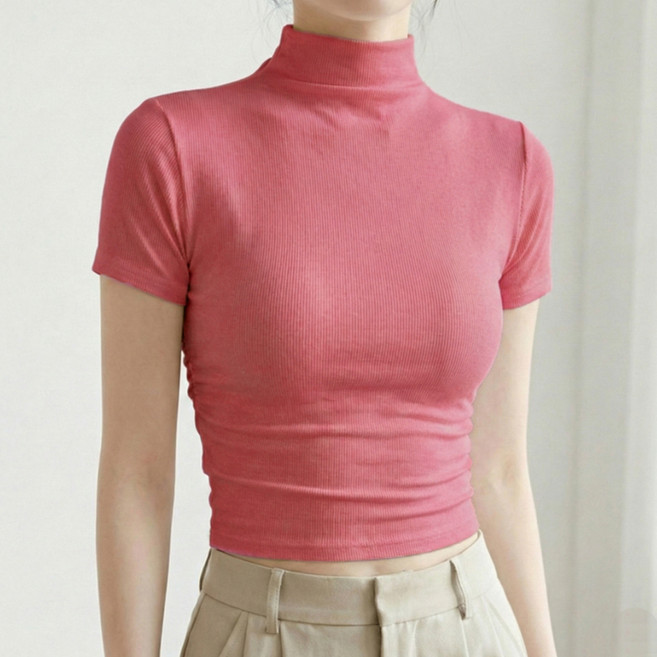 소니오 여성용 슬림 크롭 하프넥 반팔 니트