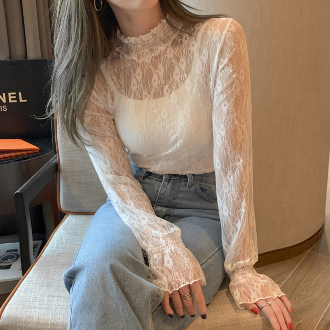 I'M MONG 女款羅比斯透視層次蕾絲半高領內搭T恤