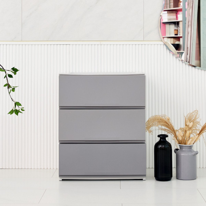 까사마루 트렌디 플렛 와이드 서랍장, 그레이, 3단
