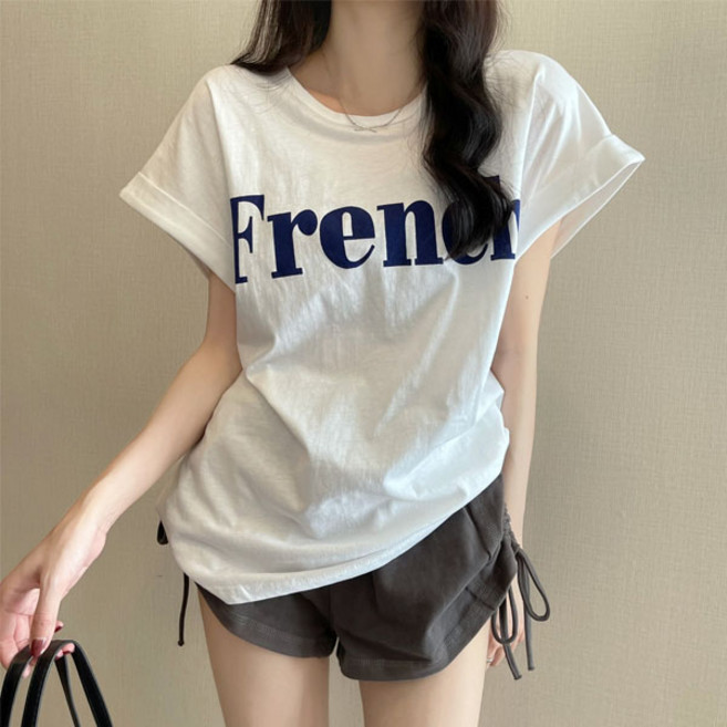 선빛 여성용 프렌치 레터링 롤업 반소매 데일리 티셔츠