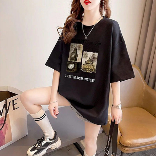 Goodif 女款圓領寬鬆版型時尚印花舒適短袖T恤