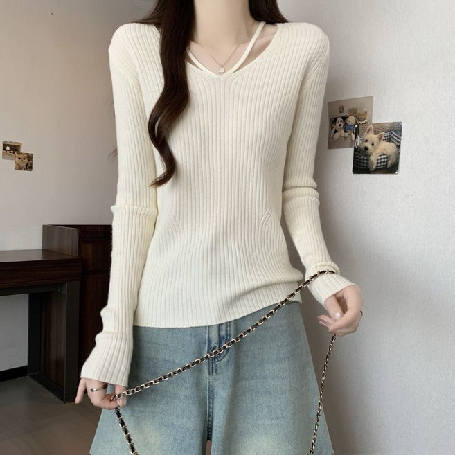 라라티나 여성용 오델만 슬림핏 브이넥 크로스 긴팔 니트