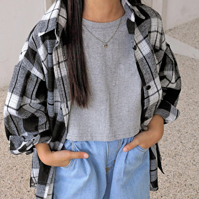 유잇 주니어 유니 여아용 체크 롱 남방